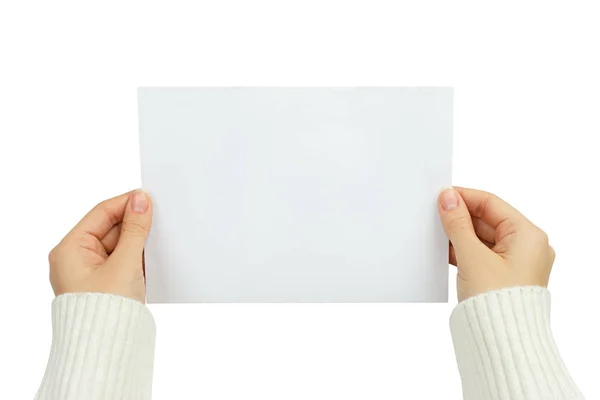 Hand holding blank paper isolated on white background with clipping path,  Poster Mockup. Stock Photo
