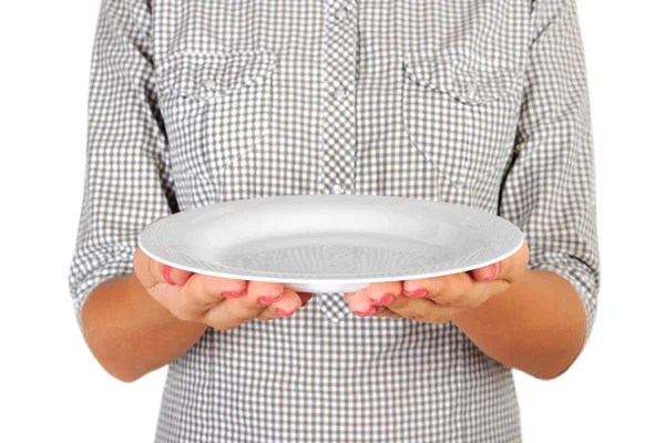 Girl Plaid Shirt Holding Empty White Plate Front Her Woman — Stock Photo, Image