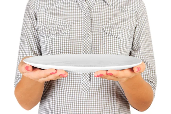 Girl Plaid Shirt Holding Empty White Plate Front Her Woman — Stock Photo, Image