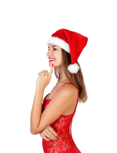 Schöne Weibliche Modell Tragen Badeanzug Und Weihnachtsmütze Halten Pom Pom — Stockfoto