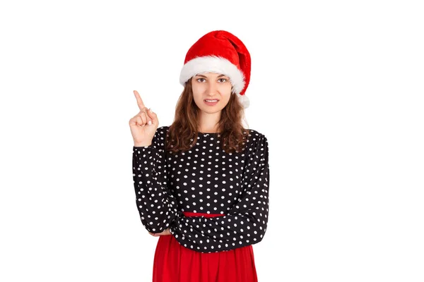 女性不愉快手势与手指在没有或拒绝手势的肖像 在圣诞老人圣诞节帽子查出的情感女孩在白色背景 假日概念 — 图库照片