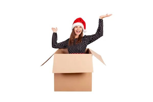 Mujer Feliz Alegre Vestido Sombrero Navidad Divertirse Mientras Sienta Caja —  Fotos de Stock