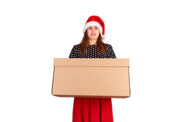 Retrato Chica Sorprendida Excitada Vestido Sosteniendo Caja Regalo Grande Pesada —  Fotos de Stock