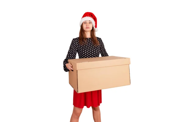 Retrato Chica Sorprendida Excitada Vestido Sosteniendo Caja Regalo Grande Pesada —  Fotos de Stock