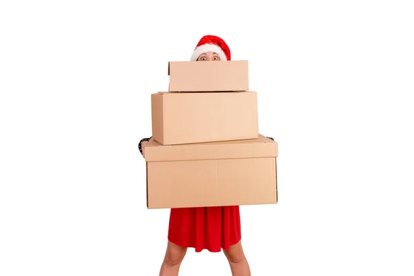 Mujer Con Sombrero Navidad Sosteniendo Navidad Presente Frente Cara Aislado —  Fotos de Stock