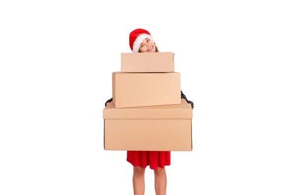 Büyük Karton Yığını Hediye Kutuları Tutarak Gülümseyen Güzel Bir Kız — Stok fotoğraf