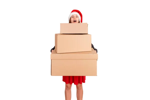 Mujer Sorprendida Sombrero Navidad Con Celebración Navidad Presente Frente Cara —  Fotos de Stock