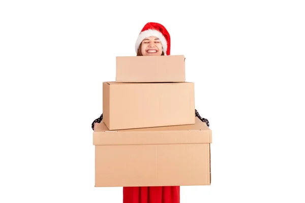 Retrato Una Chica Bonita Sonriente Sosteniendo Una Pila Cajas Regalo —  Fotos de Stock