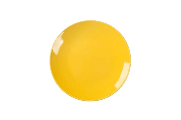 Пустые Желтые Керамические Круглые Плиты Изолированы Белом Фоне Вид Сверху — стоковое фото