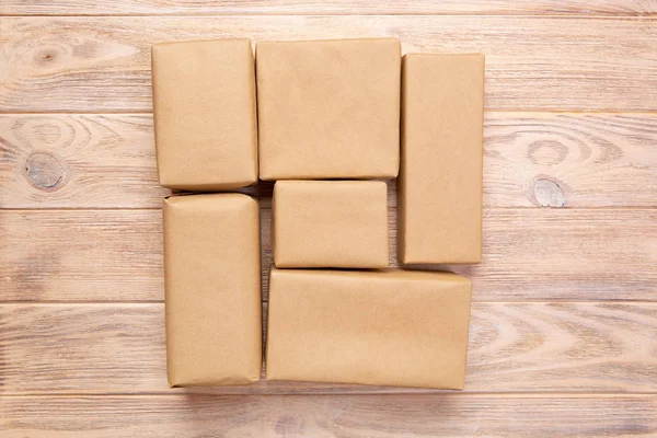 Brown Mail Package Parcel Blank You Design Cardboard Box Wooden — Stock Photo, Image