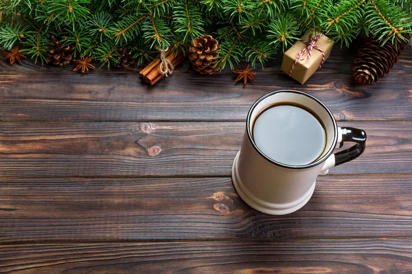 Tasse Café Sur Fond Noël Bois Noir Vue Dessus Espace — Photo