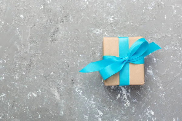 Gift Box Blue Ribbon Gray Background Top View Holidays Concept Stock Image