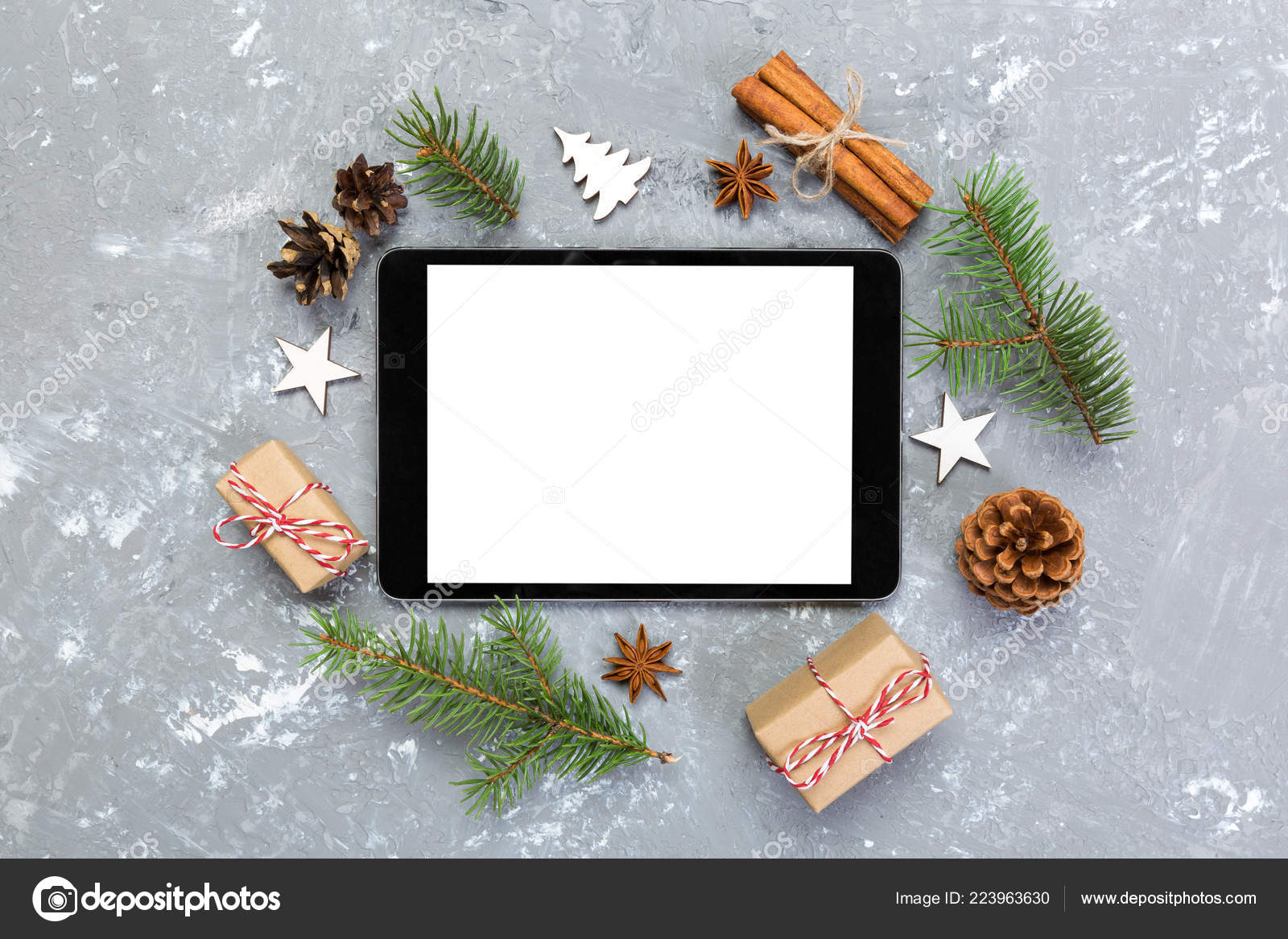 digital tablet mock rustic christmas gray cement background decorations app stock photo - Christmas Digital Decorations digital tablet mock rustic christmas gray cement background decorations app stock photo - Christmas Digital Decorations