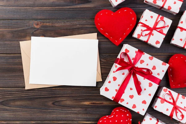 Envelope Mail Red Heart Gift Box Dark Wooden Background Valentine — Stock Photo, Image