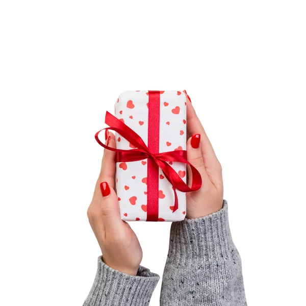 Woman Hands Give Wrapped Valentine Other Holiday Handmade Present Paper — Stock Photo, Image