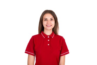 İzole beyaz arka plan üzerinde izole bir teslimat genç kadın portresi