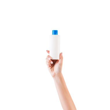 Kadın el tutma krem şişesi izole losyon. Kız beyaz arka planda tüp kozmetik ürünler vermek
