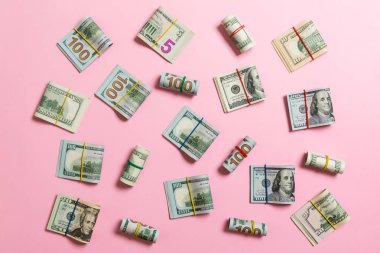 Para Arka Plan iş kavramı metin için kopya alanı ile üst wiev amerikan yüz dolarlık banknotlar ile