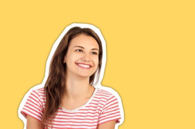 Temiz cilt ve doğal makyaj ile güzel gülümseyen kız. trendy renk ile duygusal kız Dergi kolaj tarzı