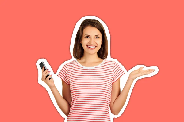 Portrait of a smiling young woman who spread her arms to the side while holding a mobile phone. emotional girl Magazine collage style with trendy color background — Zdjęcie stockowe