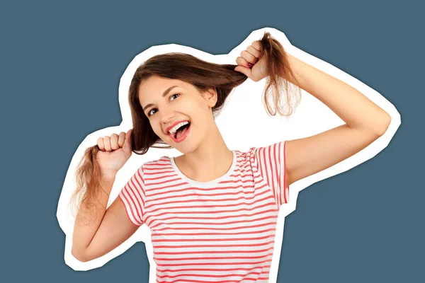 Portrait of crazy young woman playing with her hairs. emotional girl Magazine collage style with trendy color background