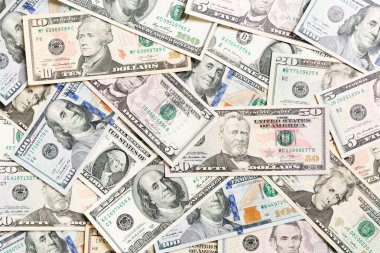 Çeşitli dolar nakit arka plan üst görünümü. Farklı banknotlar kavramı. Zenginlik ve zengin kavramı