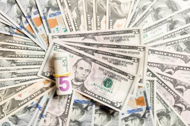 Farklı dolar banknotlar ile yapılan arka plan üzerinde 5 dolarlık banknot yığını yakın. Finansal kavramın en iyi görünümü