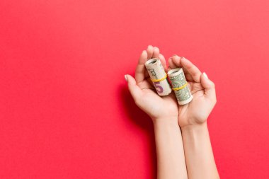 Renkli arka planda kadın avuç içi dolar üst görünümü. Küçük emeklilik kavramı