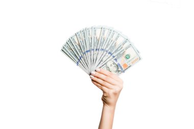 Kadın el izole arka plan üzerinde dolar banknotlar bir fan tutan. Succes ve yatırım kavramı