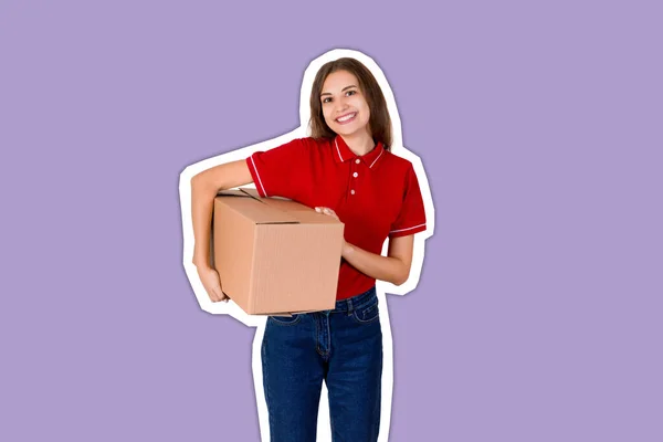 Feliz joven entrega chica en una camiseta roja está sosteniendo un cartón p —  Fotos de Stock