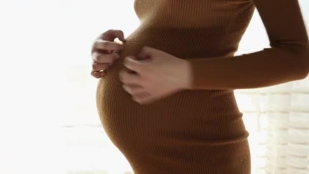 Închiderea Femeii Însărcinate Picioare Zgâriindu Stomacul Lângă Fereastră — Videoclip de stoc