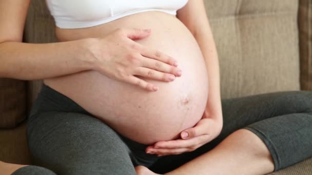 Mooie Zwangere Vrouw Die Haar Buik Strelt Moeder Thuis Aanraken — Stockvideo