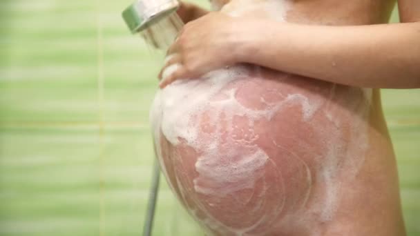 Pregnant Woman Shower Lathers Big Belly Water — Stock Video