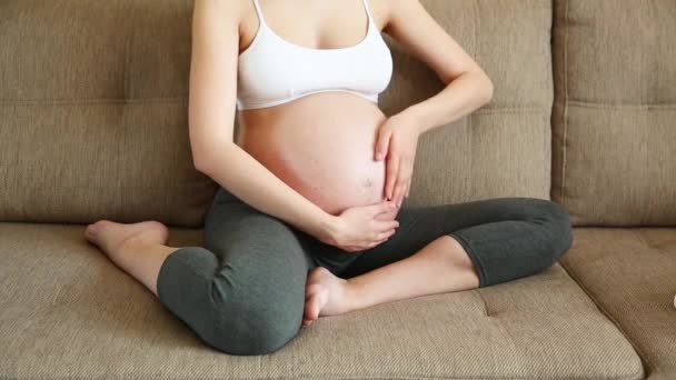Detailní Záběr Těhotné Ženy Hladící Její Břicho Pohovce — Stock video
