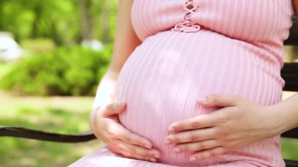 Šťastná Těhotná Žena Sedí Lavičce Parku Jemně Hladí Břiše Rukou — Stock video