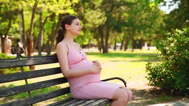 Femme Enceinte Caressant Ventre Dans Parc Verdoyant Joyeux Enceinte Fille — Video