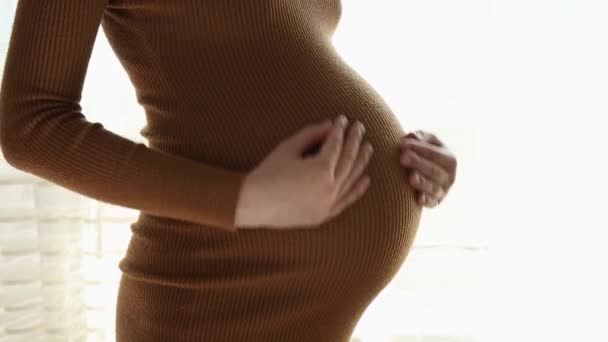 Primer Plano Mujer Embarazada Pie Acariciando Estómago — Vídeos de Stock