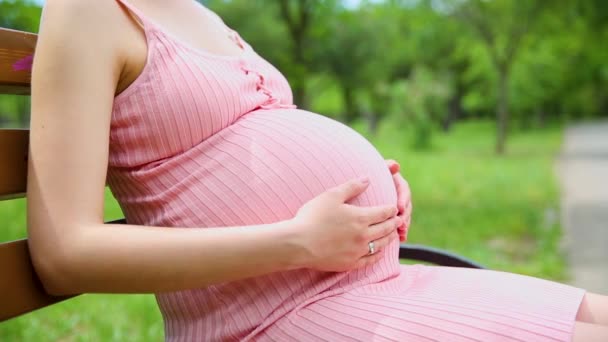 Těhotná Žena Hladí Břicho Zeleném Parku Šťastná Těhotná Dívka Sedí — Stock video