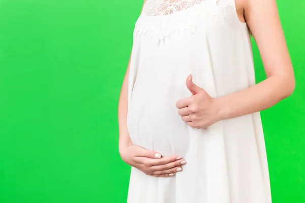 Cropped Shot Positive Pregnant Woman White Dress Showing Thumb Cool — Stock Photo, Image
