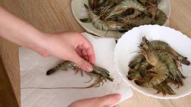 Chica Prepara Camarones Para Cocinar Empapa Corta Las Antenas Camarones — Vídeo de stock