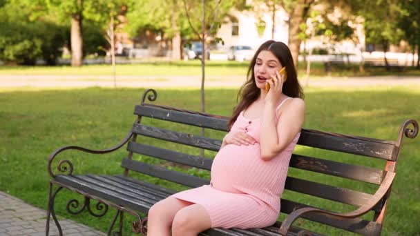 笑顔妊娠中の女性は夏の都市公園のベンチに座って 彼女の携帯電話で話しています — ストック動画