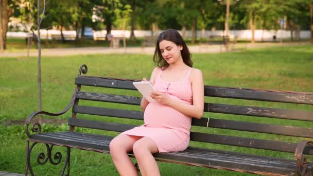 Femme Enceinte Souriante Assise Sur Banc Dans Parc Ville Été — Video