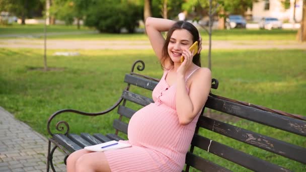 Sonriendo Mujer Embarazada Sentada Banco Parque Ciudad Verano Hablando Por — Vídeos de Stock