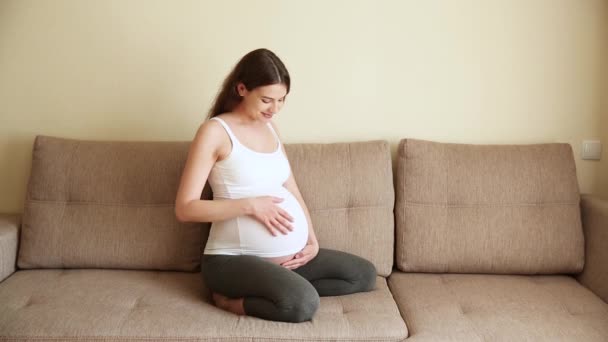 Concepto Embarazo Hermosa Mujer Embarazada Casada Frotando Vientre Hablando Con — Vídeo de stock