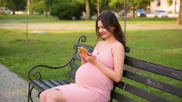 幸せな妊娠中の若い女性が市内公園のベンチでスマートフォンを使用して夫や家族にチャットやテキストメッセージ — ストック動画