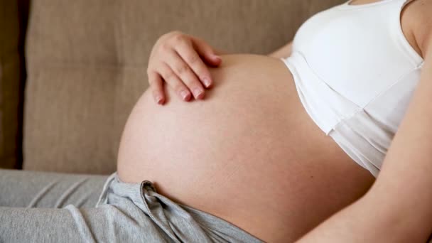 Uma Mãe Carinhosa Acaricia Uma Barriga Grávida Nua Com Duas — Vídeo de Stock