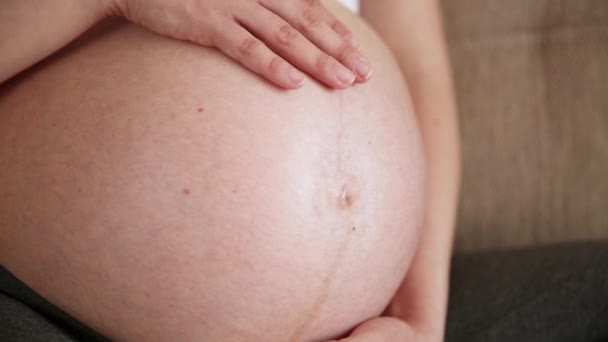 Uma Mãe Carinhosa Acaricia Uma Barriga Grávida Nua Com Duas — Vídeo de Stock