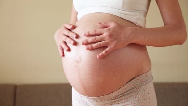 Uma Mãe Carinhosa Acaricia Uma Barriga Grávida Nua Com Duas — Vídeo de Stock