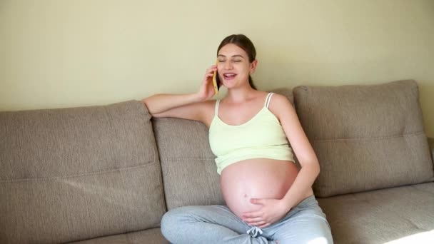 Güneşli Bir Günde Evde Kanepede Telefonla Konuşan Hamile Bir Kadın — Stok video