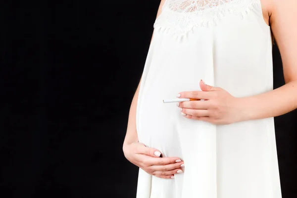 Close Pregnant Woman White Dress Cigarette Her Belly Black Background — Stock Photo, Image